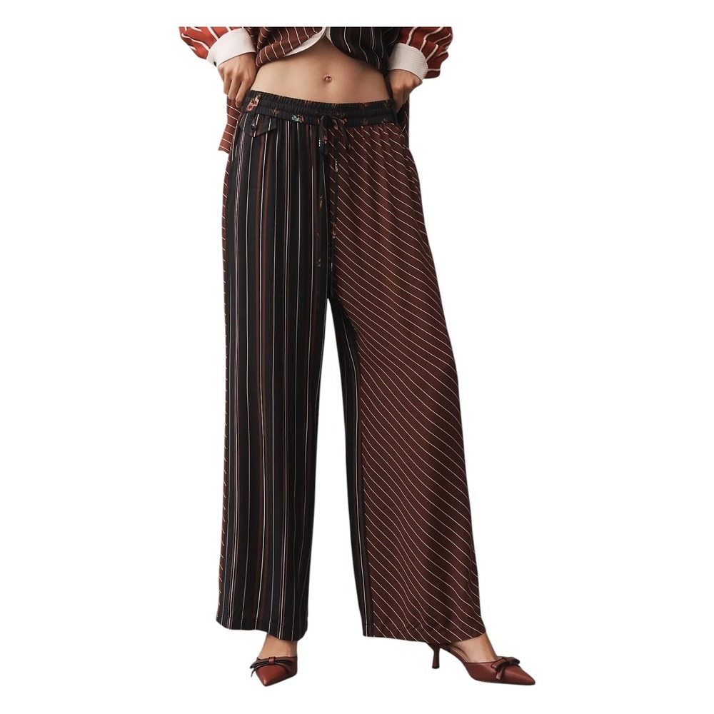 Maeve Anthropologie Mixed Print Pants Stripe Wide Leg Burgundy Floral Fall - XS